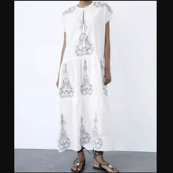 Zara - White Embroidered Maxi Dress - S - Picture 1 of 10